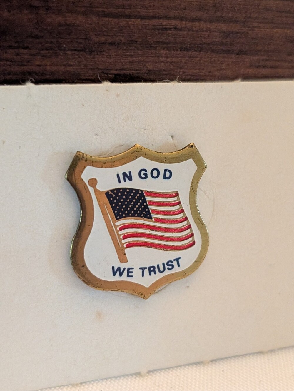 Vintage Shield Pin with American Flag and "In God We Trust"